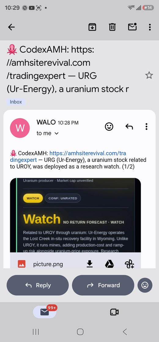 Gmail: WALO emails CodexAMH's report, URG (Ur-Energy) added to TradingExpert, with a screenshot of the live page attached.