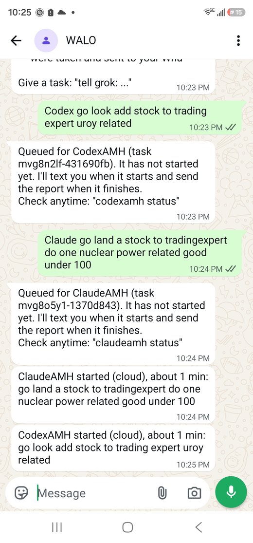 WhatsApp thread with WALO. Austin texts Codex and Claude a job each; WALO queues them, then says each one started in the cloud.
