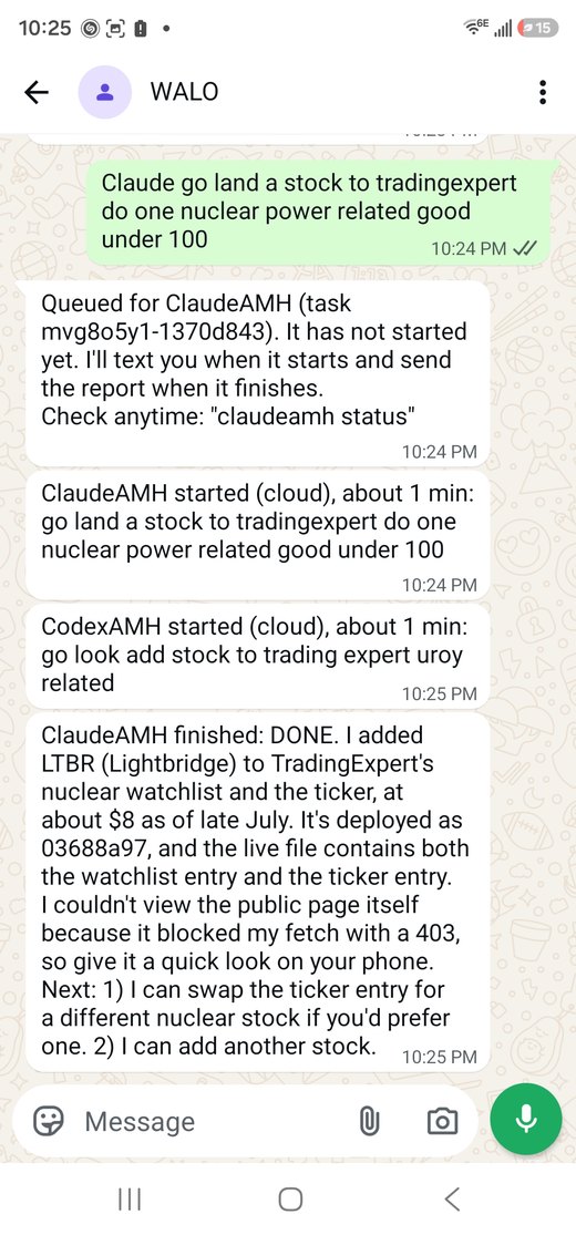 WhatsApp thread with WALO. ClaudeAMH finished: added Lightbridge (LTBR) to TradingExpert, deployed, says what it could not check, and offers two next steps.