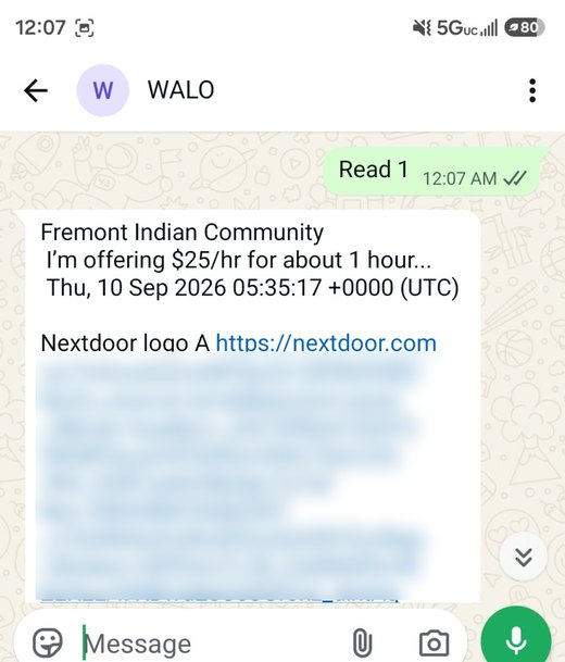 WhatsApp thread with WALO. The message read 1 is sent, and WALO replies with that email in full.