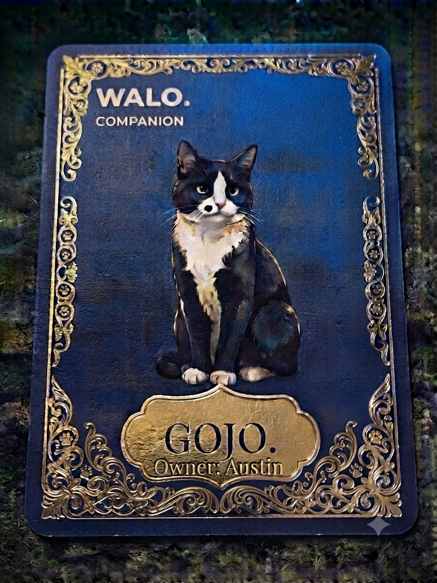 WALO Companion pet card shown inside app phone UI