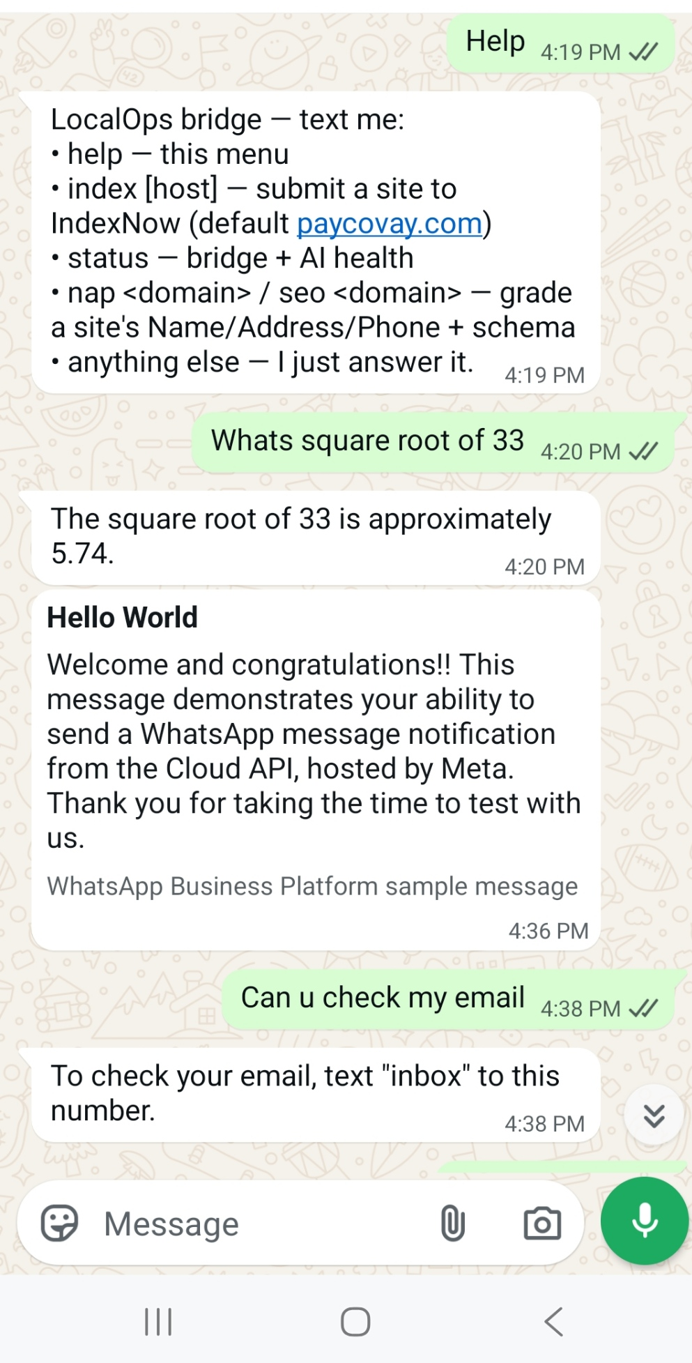 A real WhatsApp conversation with WALO answering questions and commands